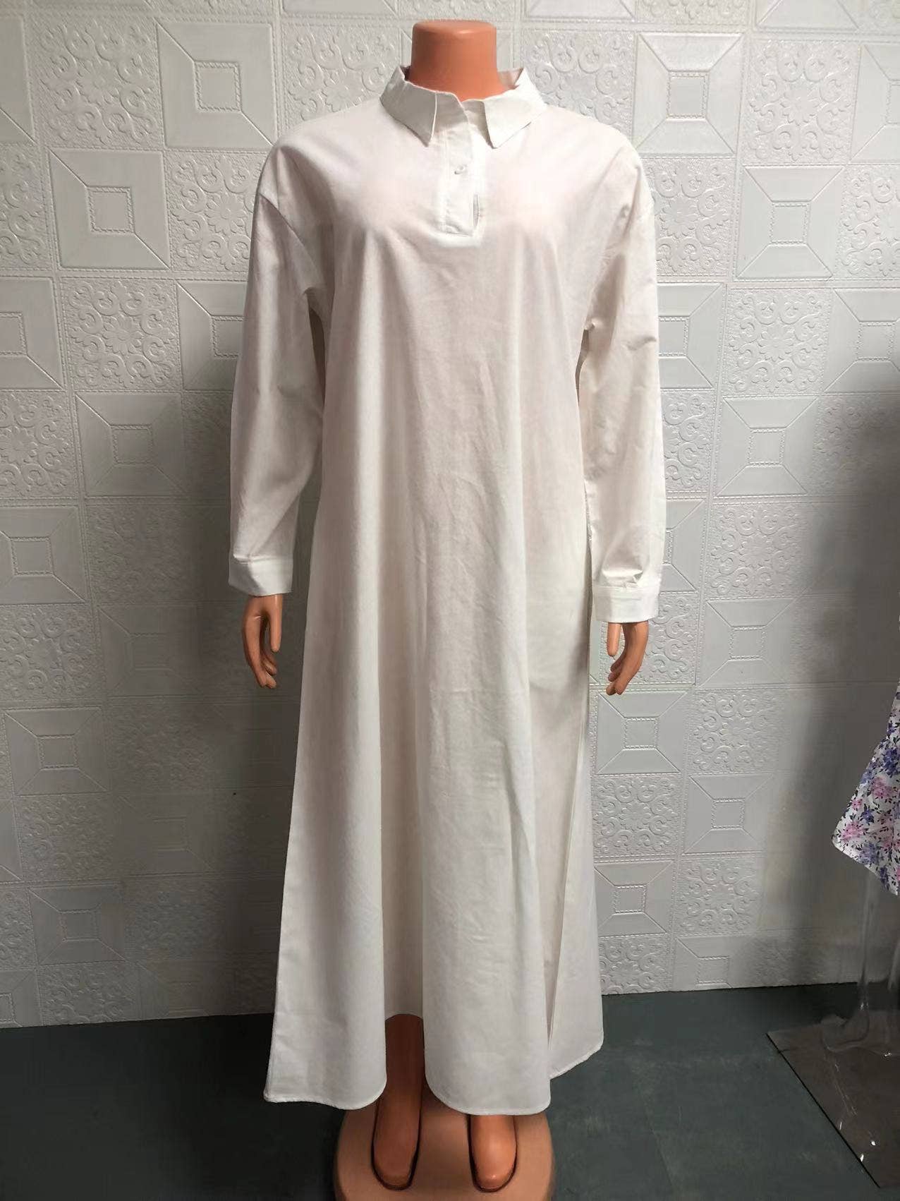 Retro long-sleeved lapel loose wide-hem dress