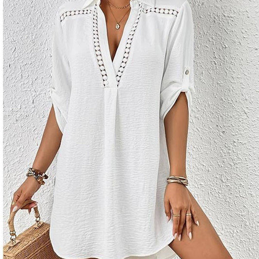 White Lace V-Neck Beach Cover Up Blouse