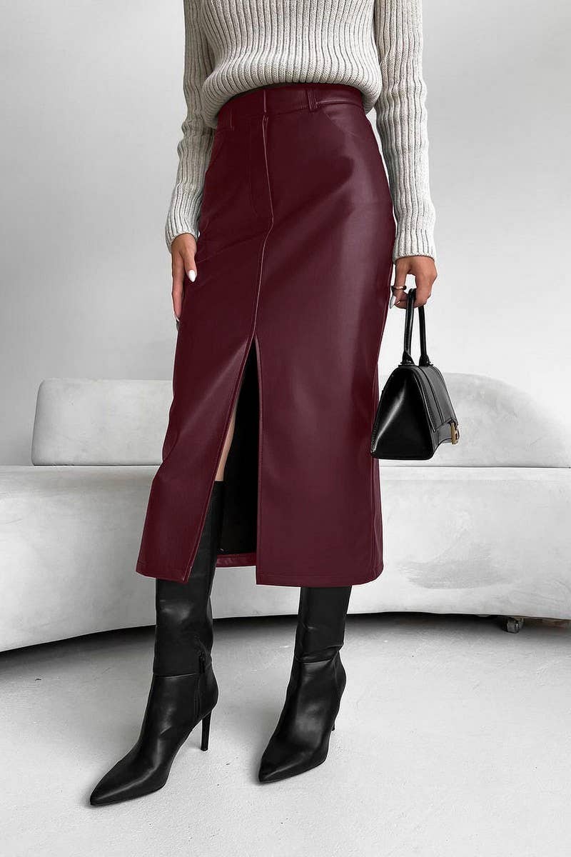 CWBMS0250_VINTAGE PLUS VELVET PU LEATHER SLIT SKIRT
