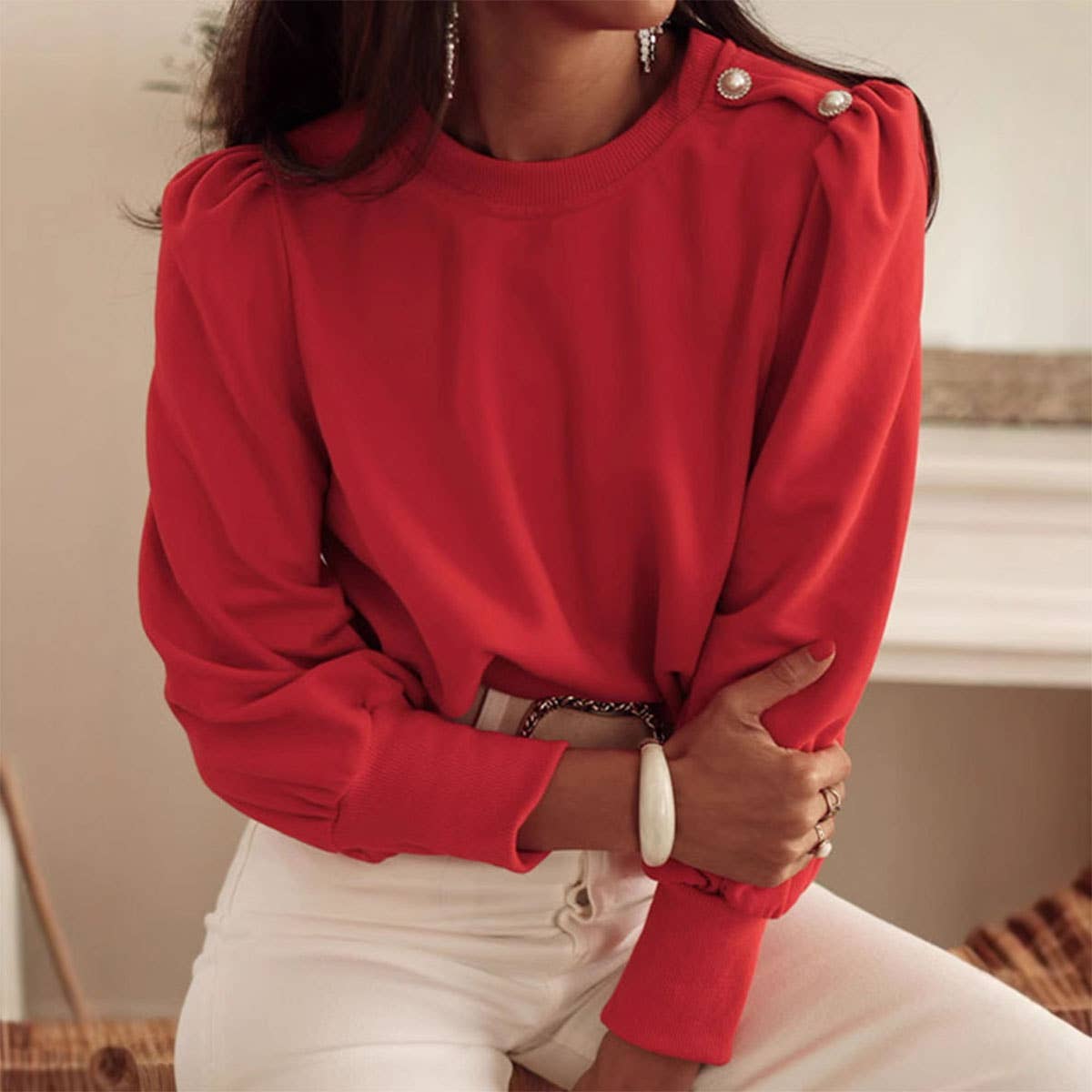 SHOULDER BUTTONS DESIGN BUBBLE SHORT SLEEVE TOP