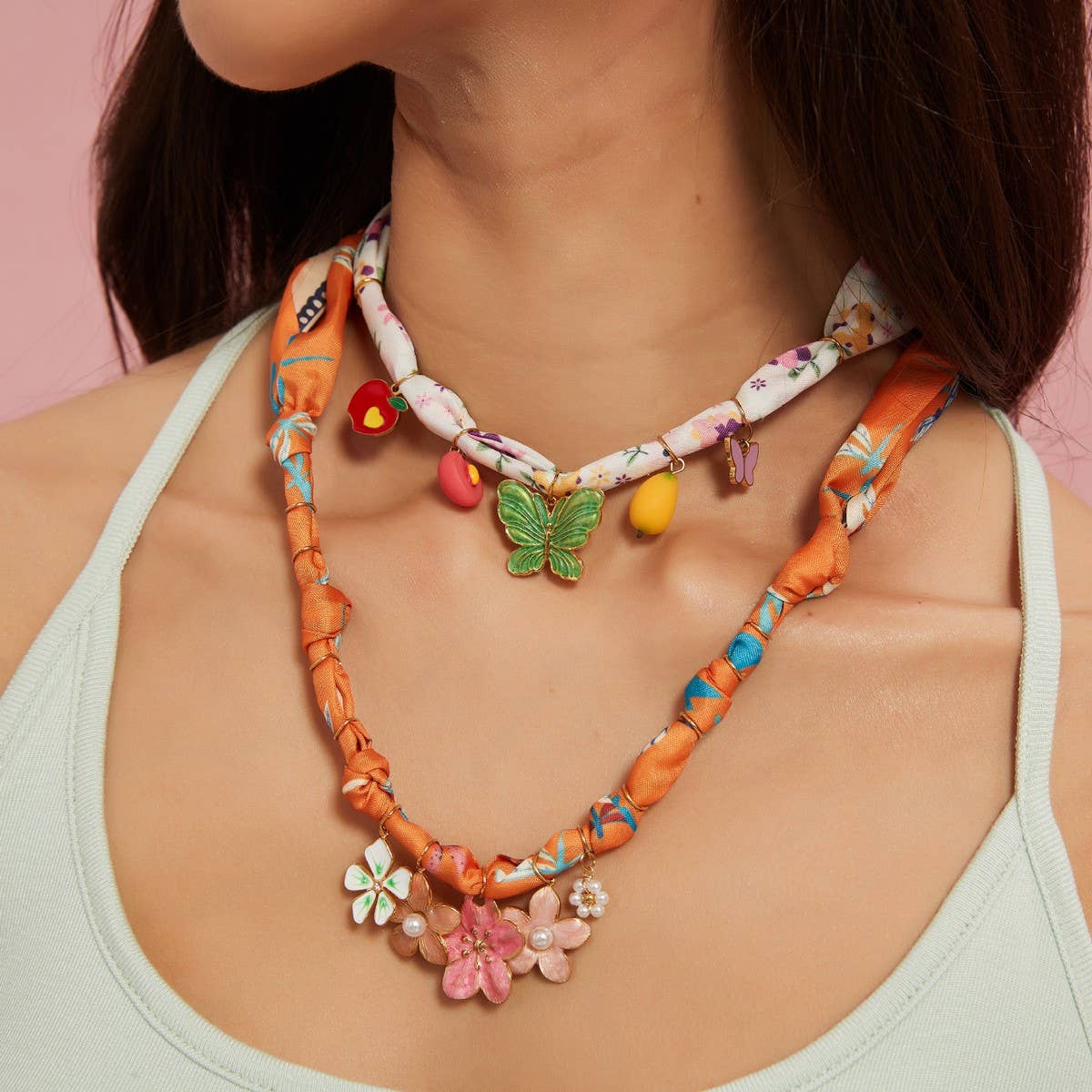 Silk Scarf Necklace with Butterfly Pendant