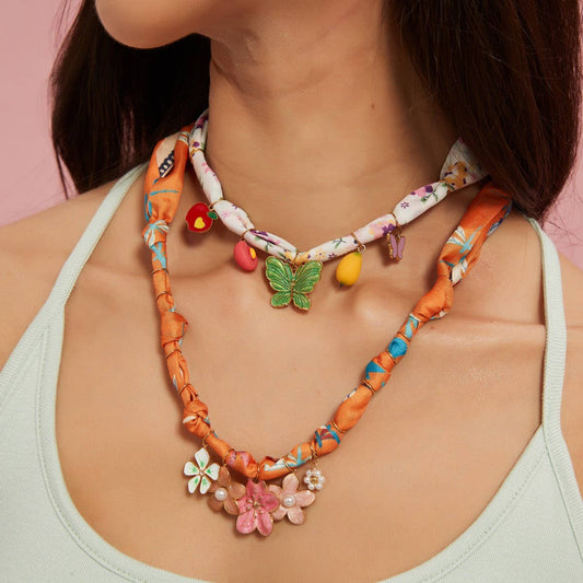 Silk Scarf Necklace with Butterfly Pendant