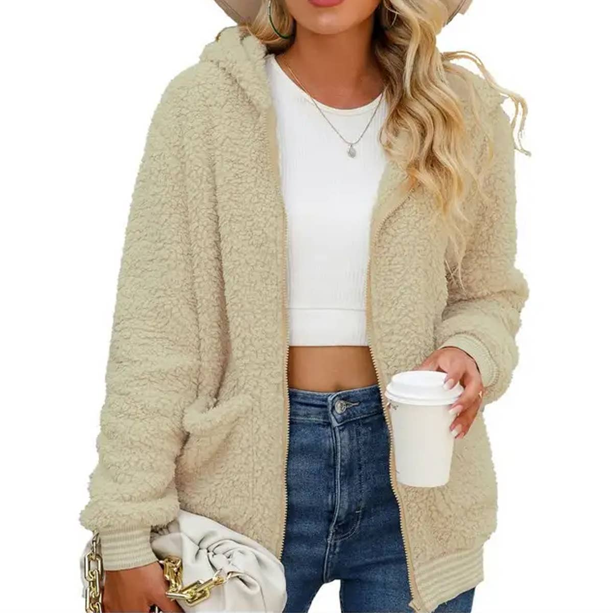 Hooded zipper solid color loose fleece jacket