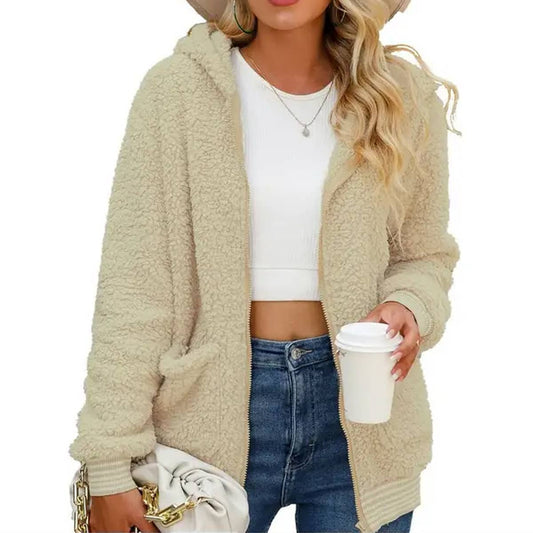 Hooded zipper solid color loose fleece jacket