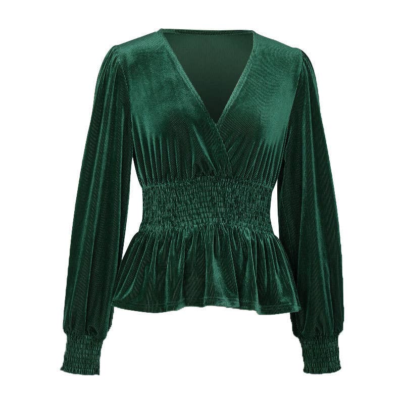 LONG SLEEVE SOLID COLOR VELVET V-NECK SHIRT