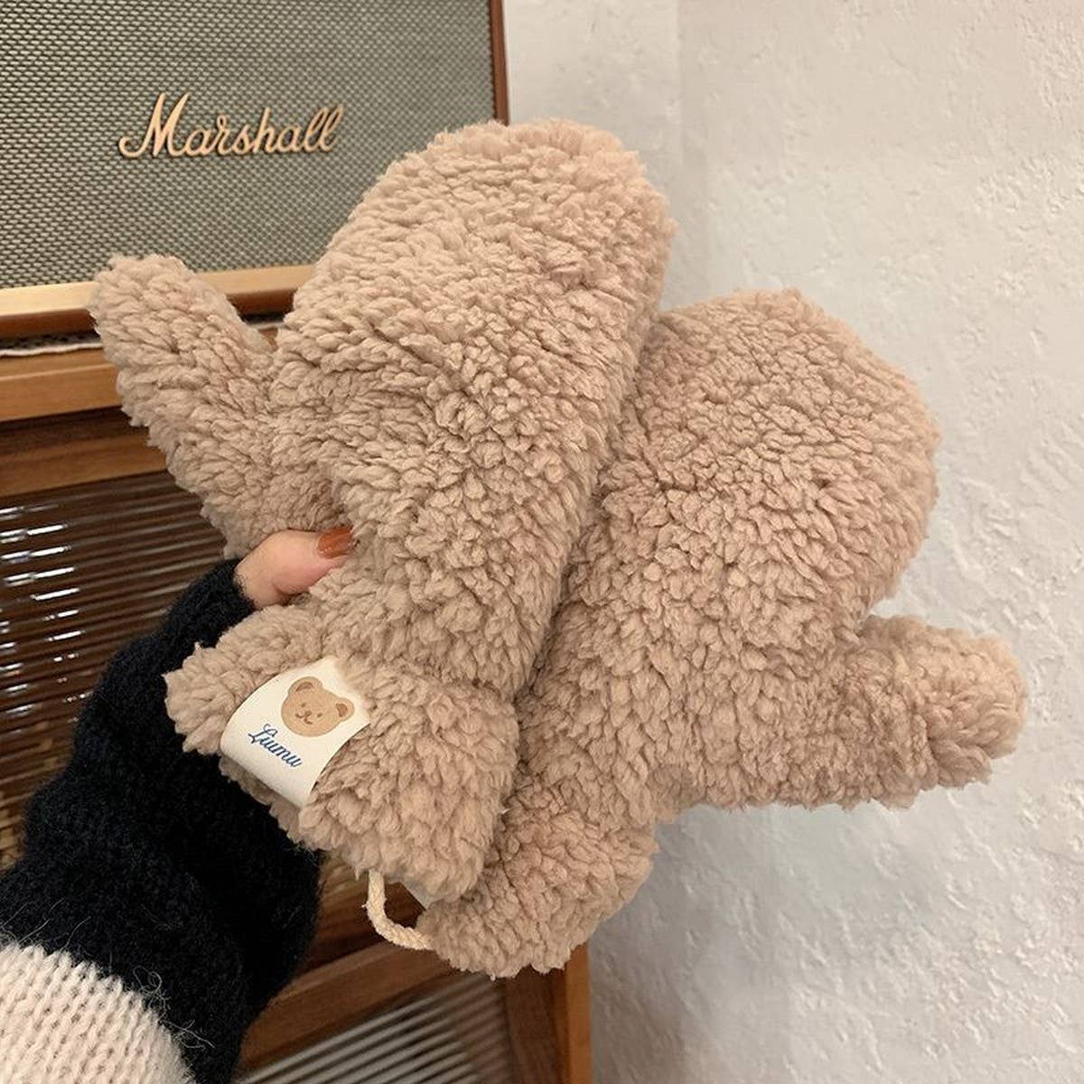 Cute Bear Fleece Mittens ? Warm Neck Strap Gloves_CWAG0178