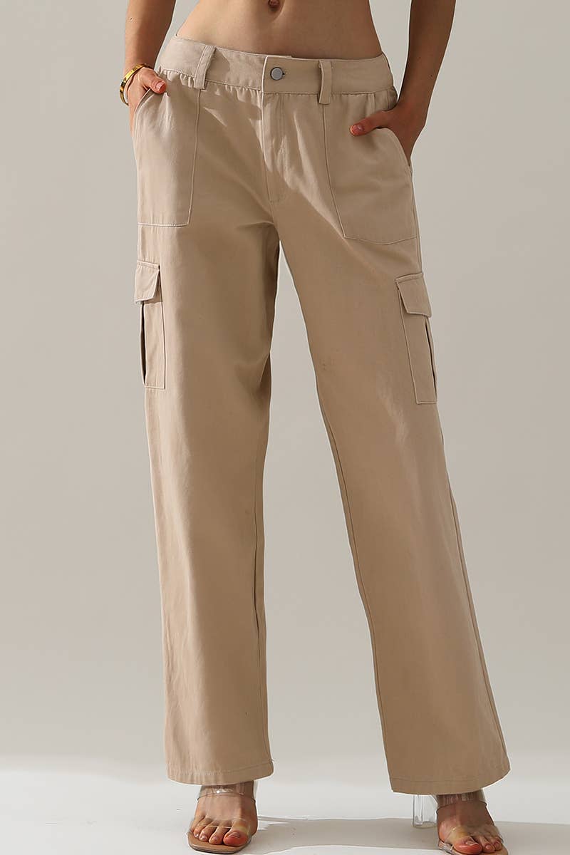 CWBLP421_Cargo Cotton Pants Wide Leg Casual Pants 4 Pockets