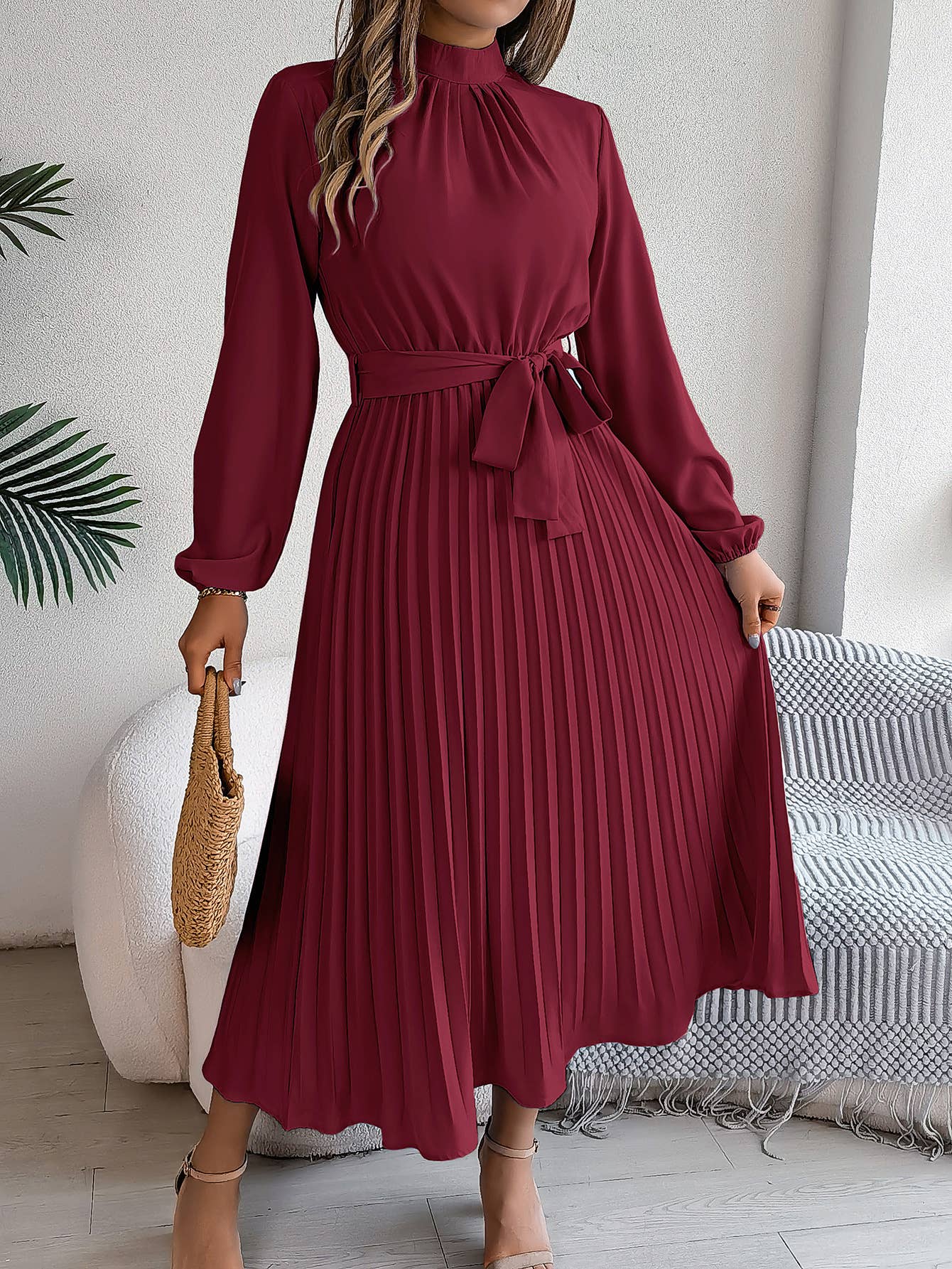 STANDING COLLAR LONG SLEEVE PLEATED LONG DRESS