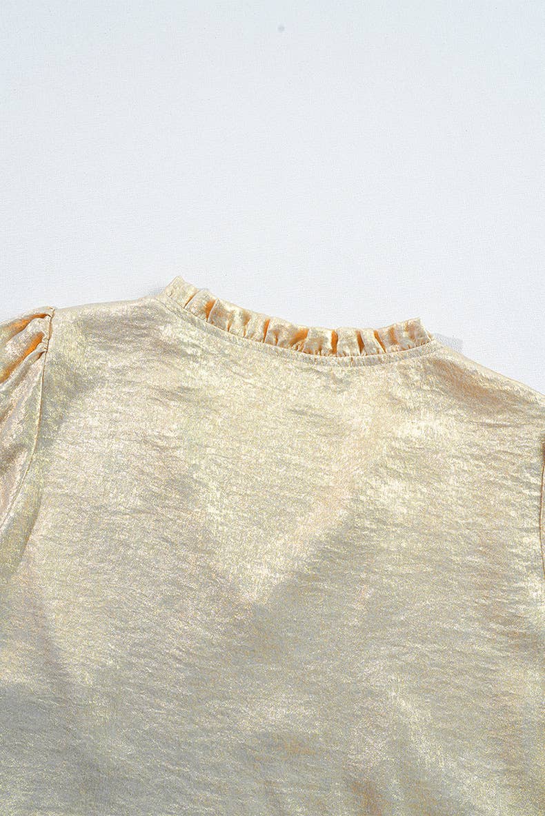 SOLID COLOR RUFFLED V-NECK BUBBLE SLEEVE PULLOVER