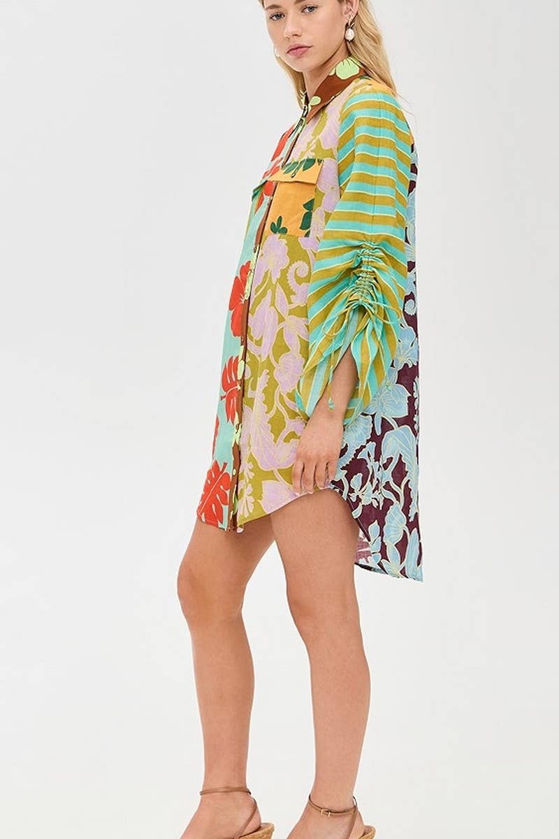 CWDSD8273_NEW CASUAL COLORBLOCK SLIT LONG SHIRT DRESS