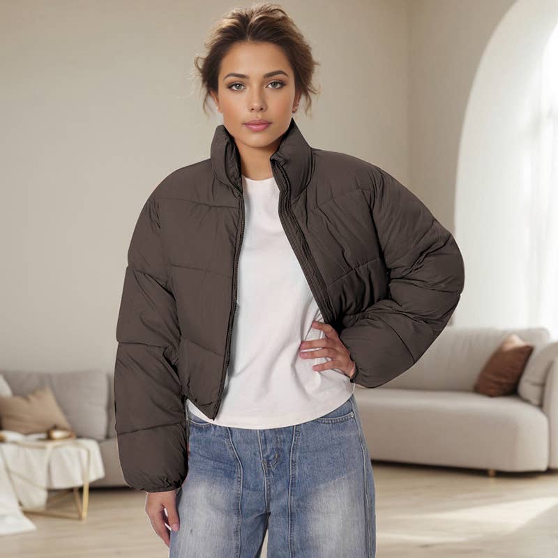 SOLID COLOR STANDING COLLAR WARM SHORT JACKET