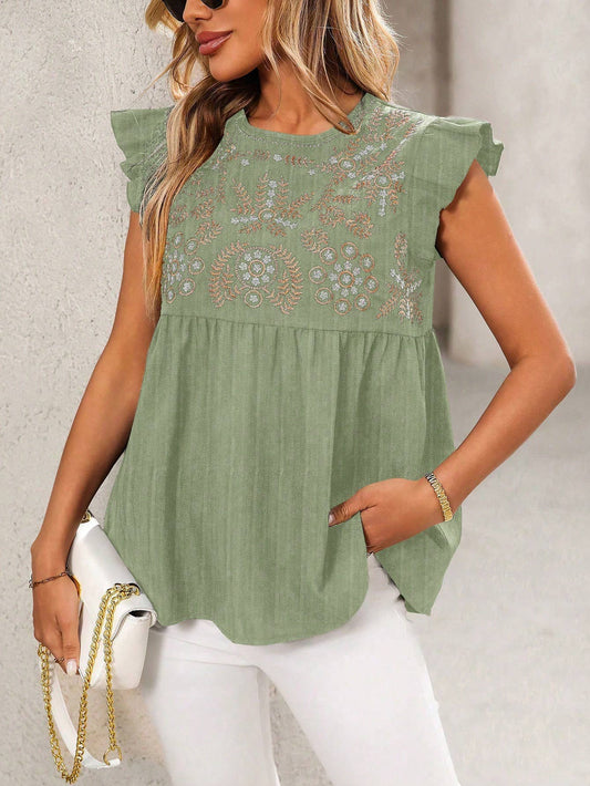 Embroidered fly-sleeved casual short shirt