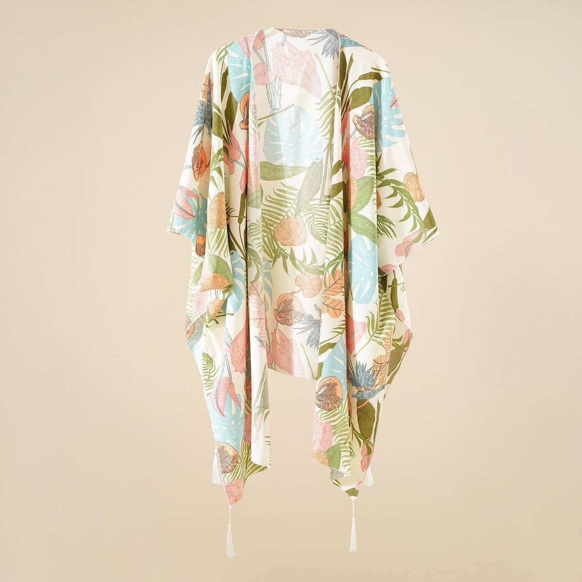 LEAVES FLOWERS PRINT FRONT OPEN KIMONO SUMMER