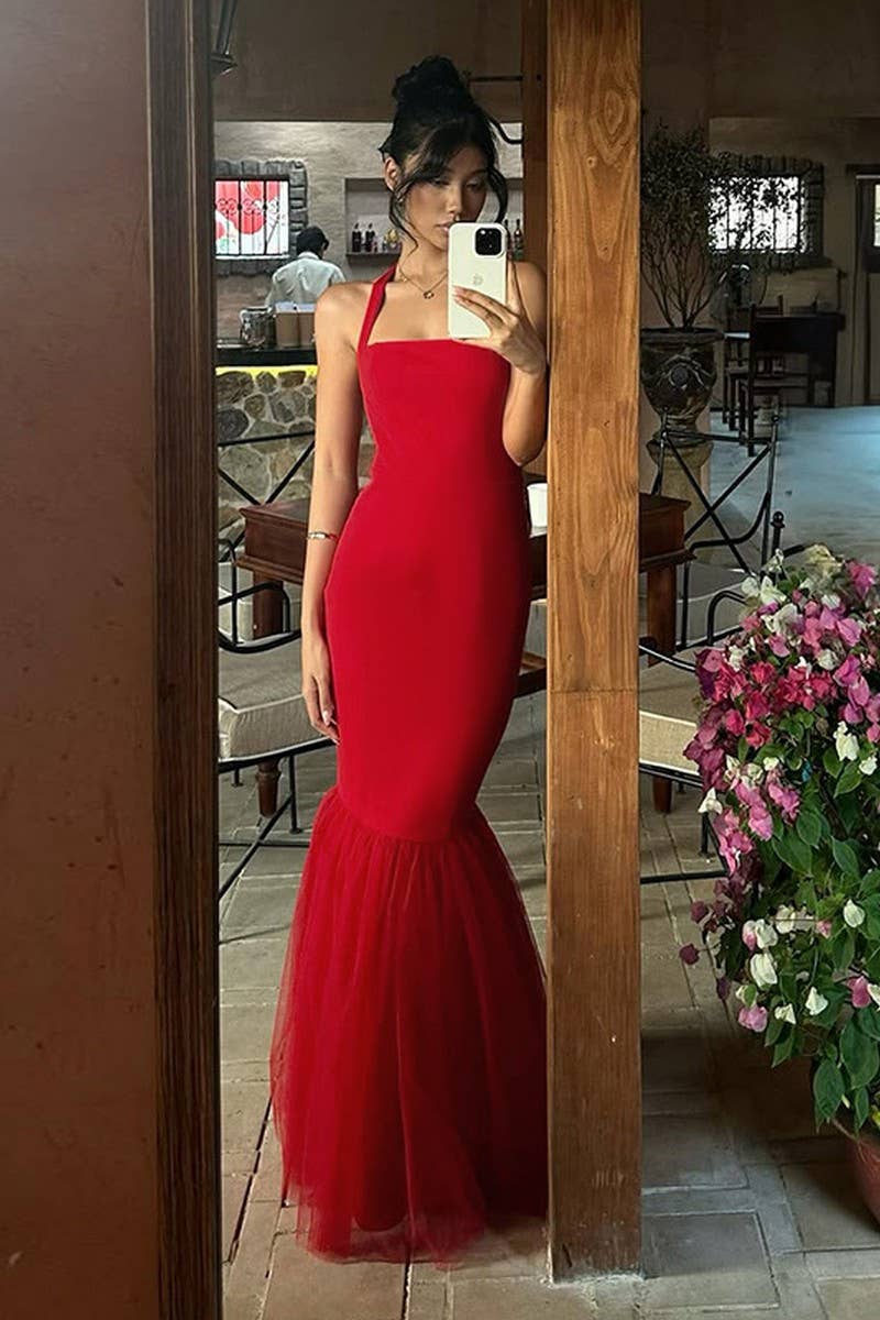 CWDHL0794_HALTER NECK FISHTAIL BACKLESS STITCHING DRESS