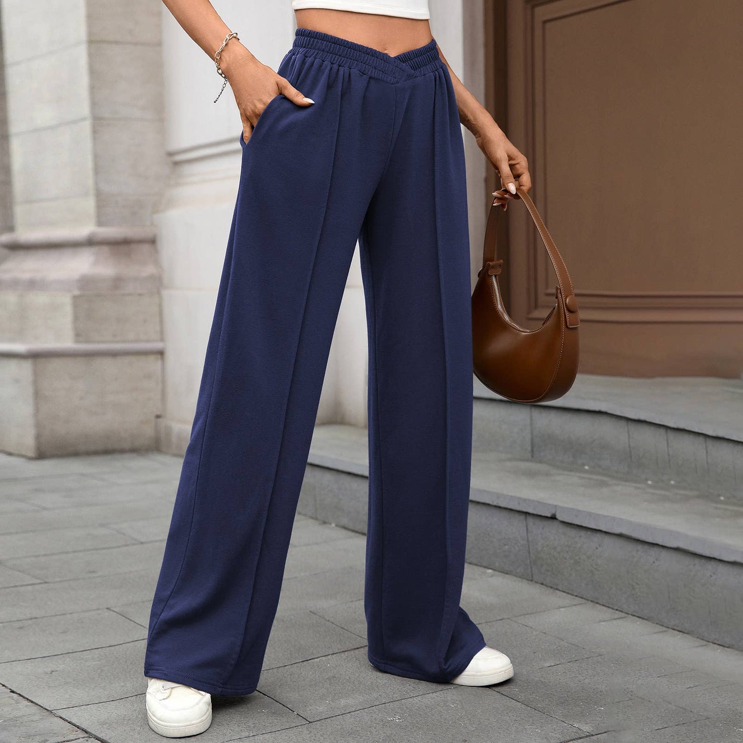 Solid color tight-waist straight casual pants