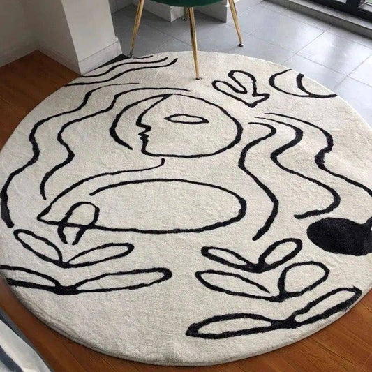 Thick Black & White Round Rug for Living Room