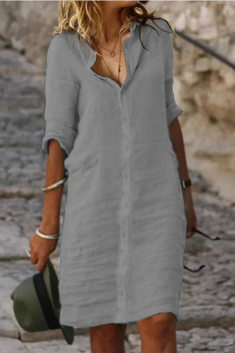 CWDSD10605_LOOSE LAPEL BUTTON SOLID COLOR SHIRT DRESS