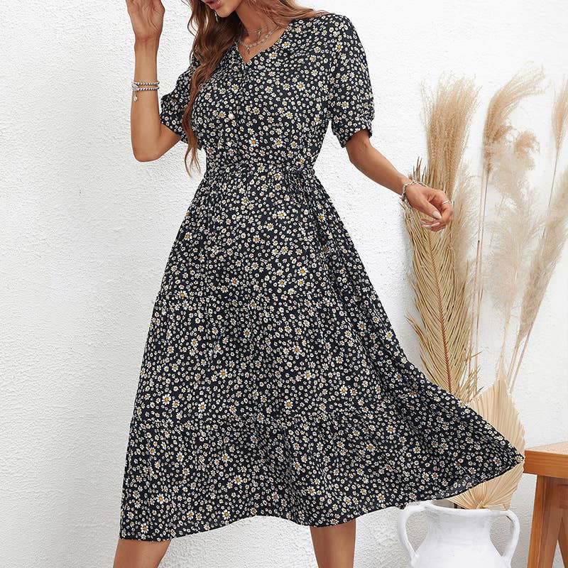 LAPEL FASHION PRINT SLIM SHORT-SLEEVED DRESS