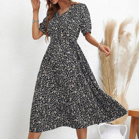 LAPEL FASHION PRINT SLIM SHORT-SLEEVED DRESS