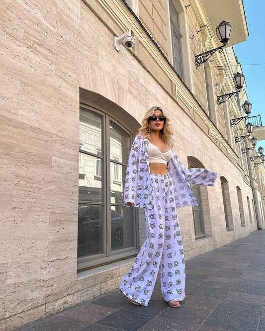 PRINTED LONG-SLEEVED TOP HIGH-WAISTED PANT SUIT