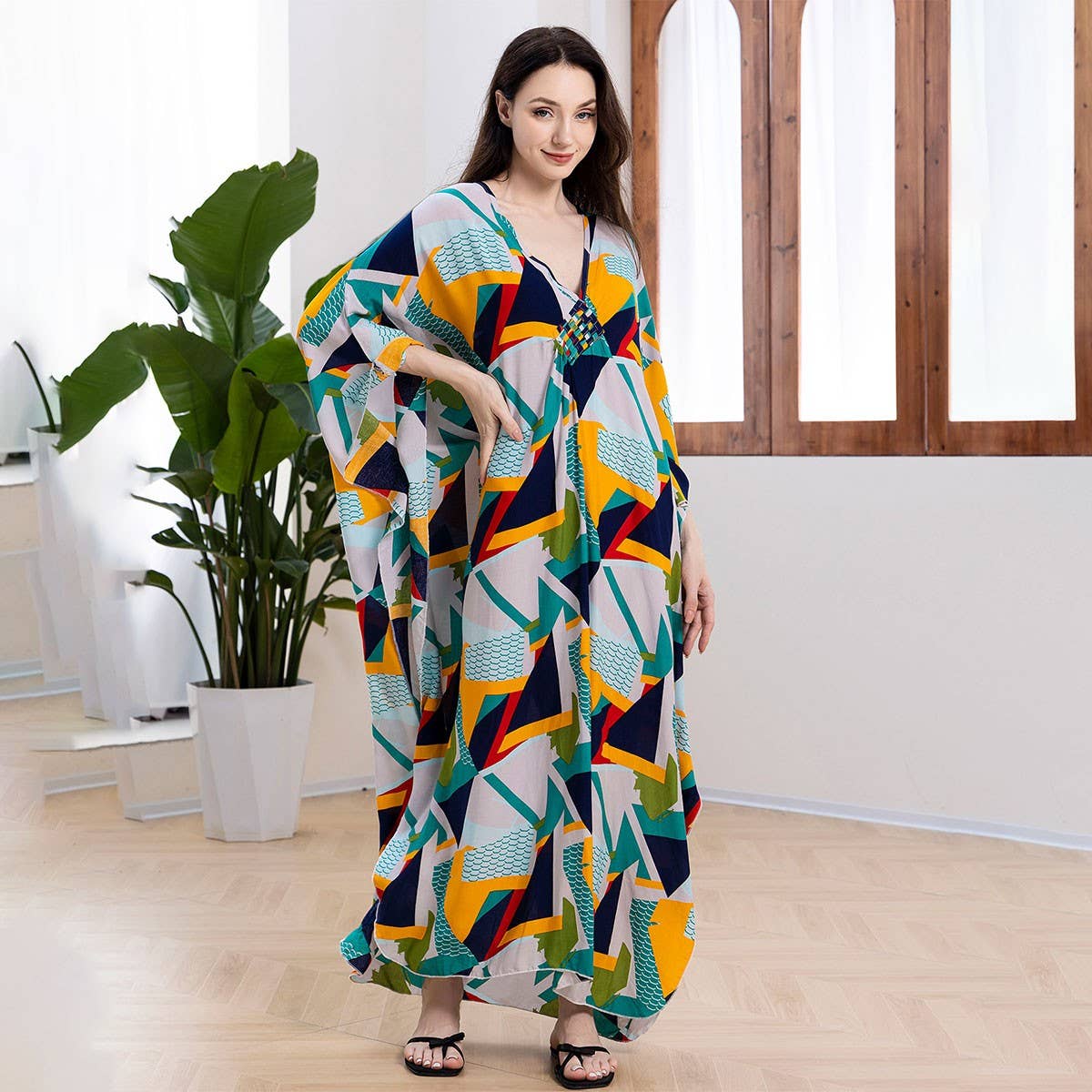 Cotton Print Geometric Beach Cover-Up Dress