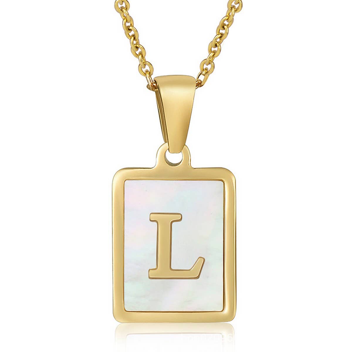 CWAJE1917_Square Stainless Steel White Shell Letter Necklace