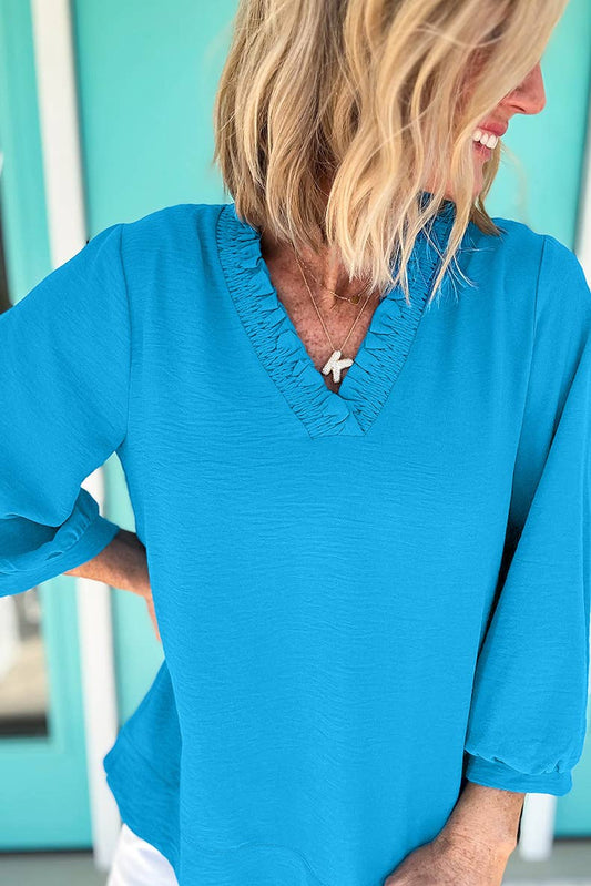 V-neck long-sleeved solid-color chiffon top
