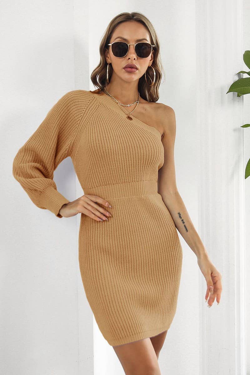 CWDSD5965_ONE-SHOULDER HIGH-WAIST KNITTED HIP DRESS