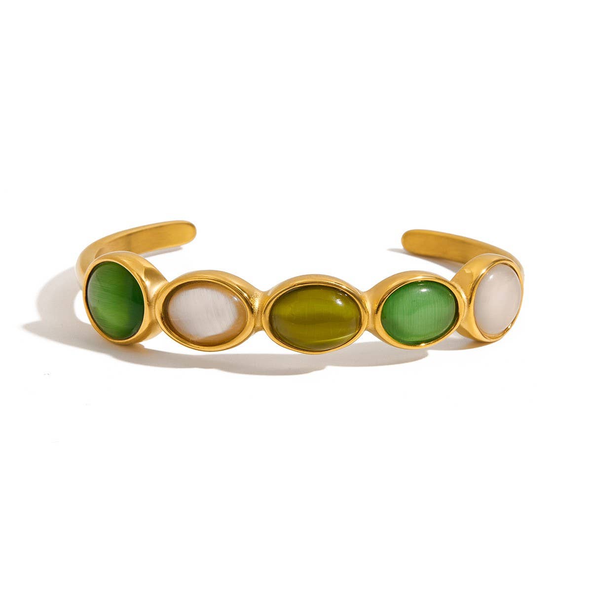 Luxury 18K Gold Green & White Cat's Eye Cuff