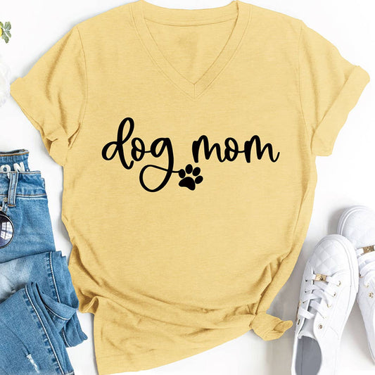 Fashion V-Neck Women's Tee with Dog Letter Print_CWTTS1511