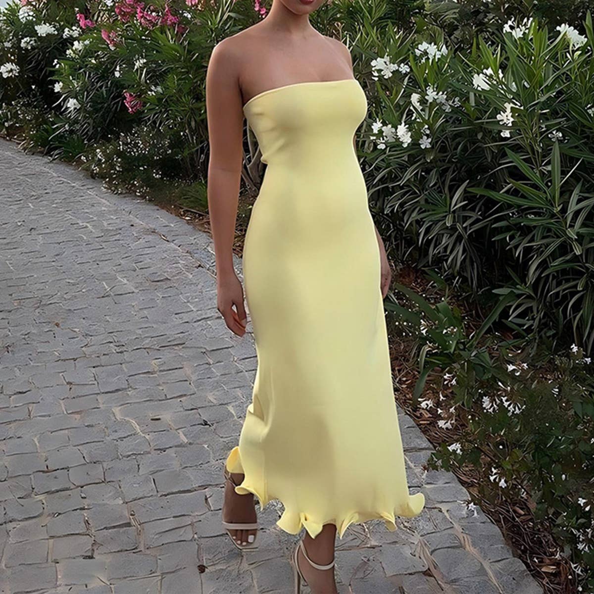 Strapless Ruffle Hem Bodycon Maxi Dress
