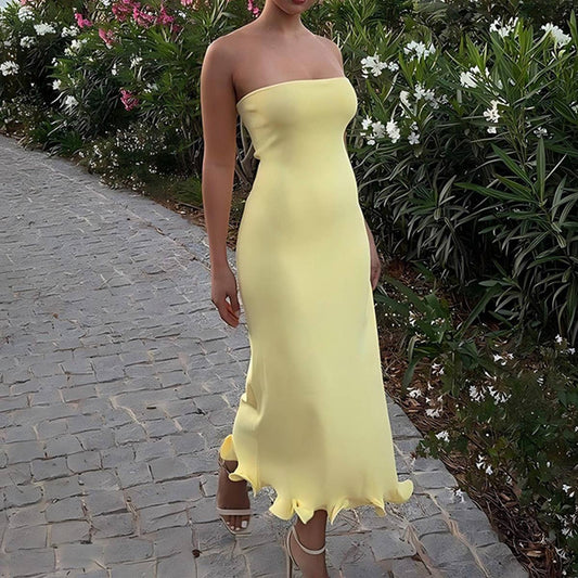 Strapless Ruffle Hem Bodycon Maxi Dress