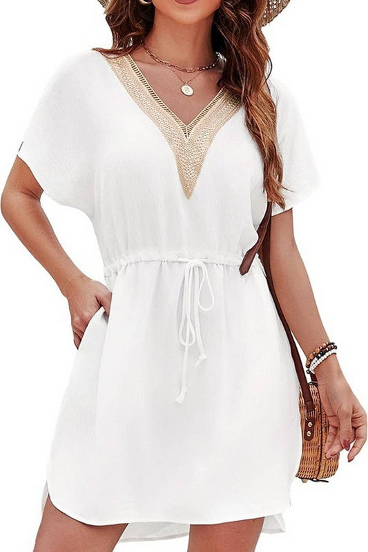 CWDSD8712_LACE TRIM V-NECK SMOCKED WAIST VACATION DRESS