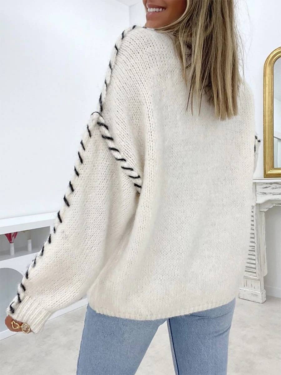 Round neck stitch design loose pullover sweater