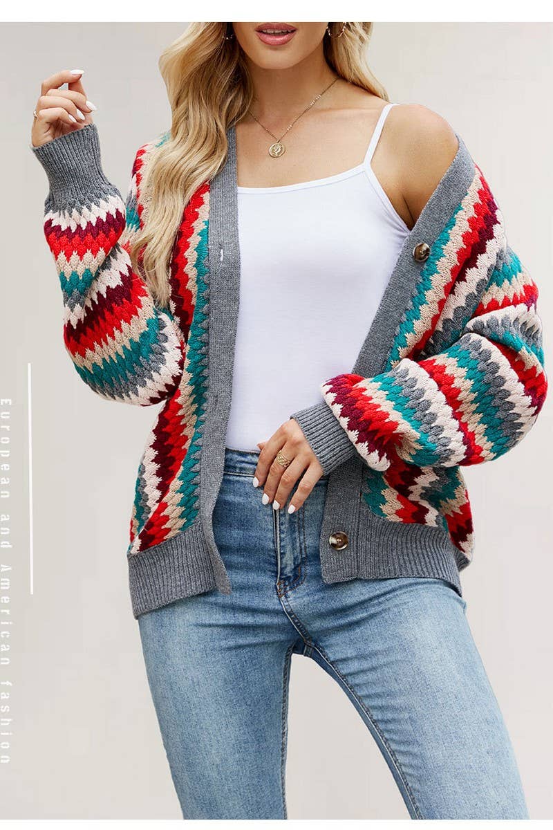CWOCAL2268_AUTUMN AND WINTER STRIPED V-NECK KNITTED JACKET