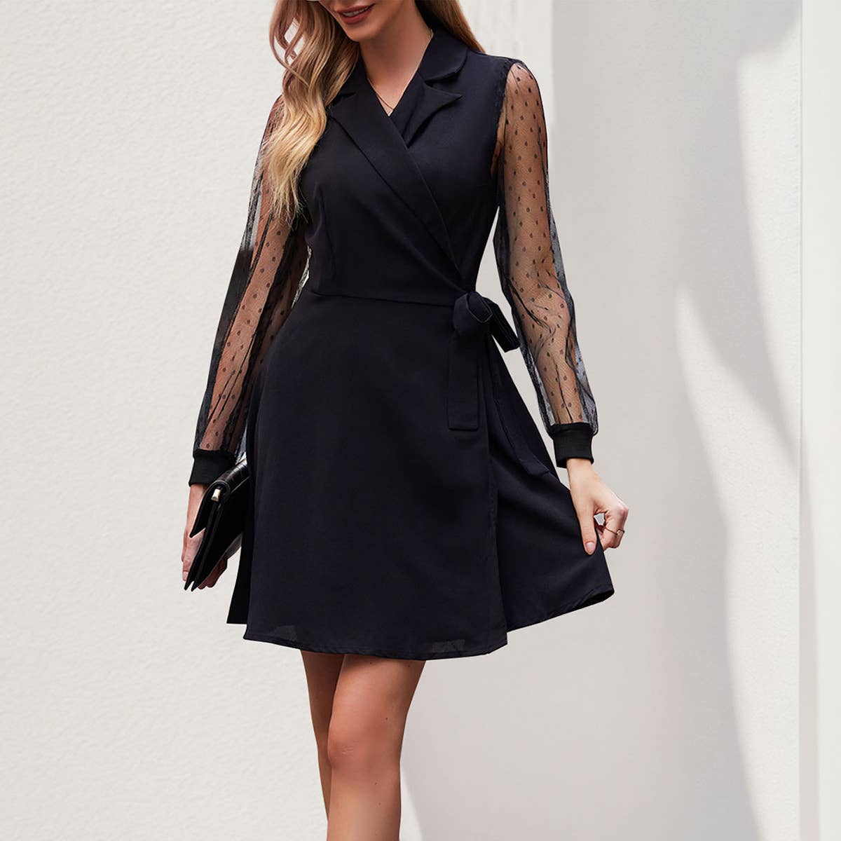 LACE-UP SUIT SKIRT LAPEL LACE PATCHWORK DRESS