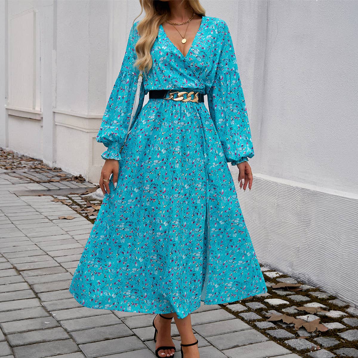 ELEGANT V-NECK HIGH-WAISTED PRINTED DRESS