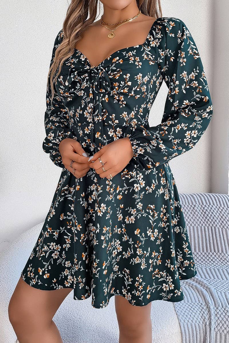 CWDSD5763_TIE UP SQUARE NECK FLORAL LONG SLEEVE DRESS
