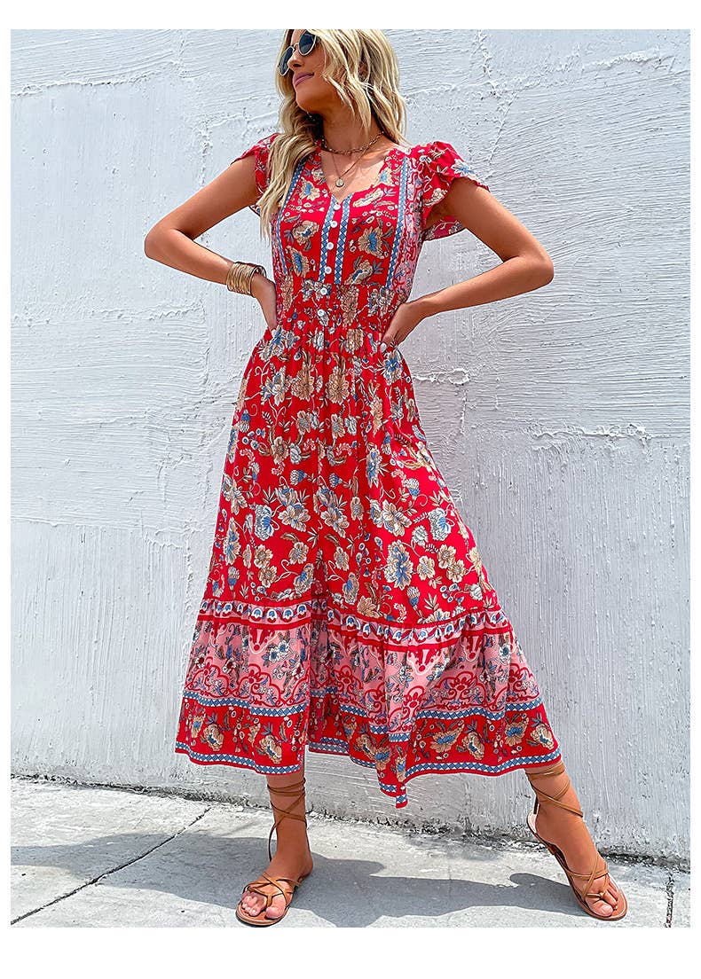 oho V Neck Split Hem Ethnic Print Dress