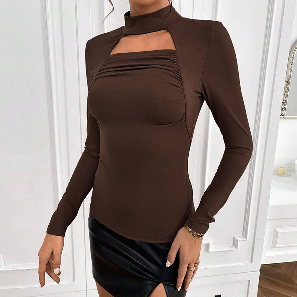 SEXY HOLLOW BASE SOLID COLOR LONG SLEEVE T-SHIRT