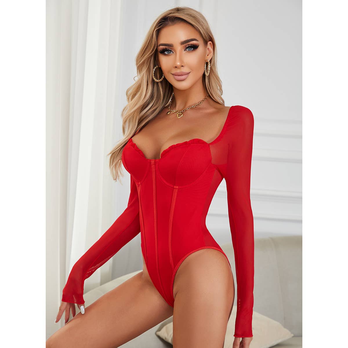 SEXY DOUBLE-LAYER MESH RUFFLED BODYSUIT