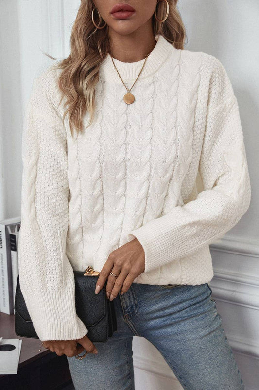 CWOSWL07456_CREW NECK SOLID CABLE KNIT LOOSE SWEATER