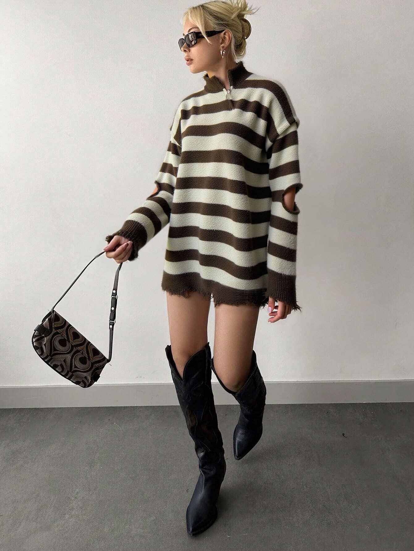 Striped sleeves hollow-out knitting sweaters