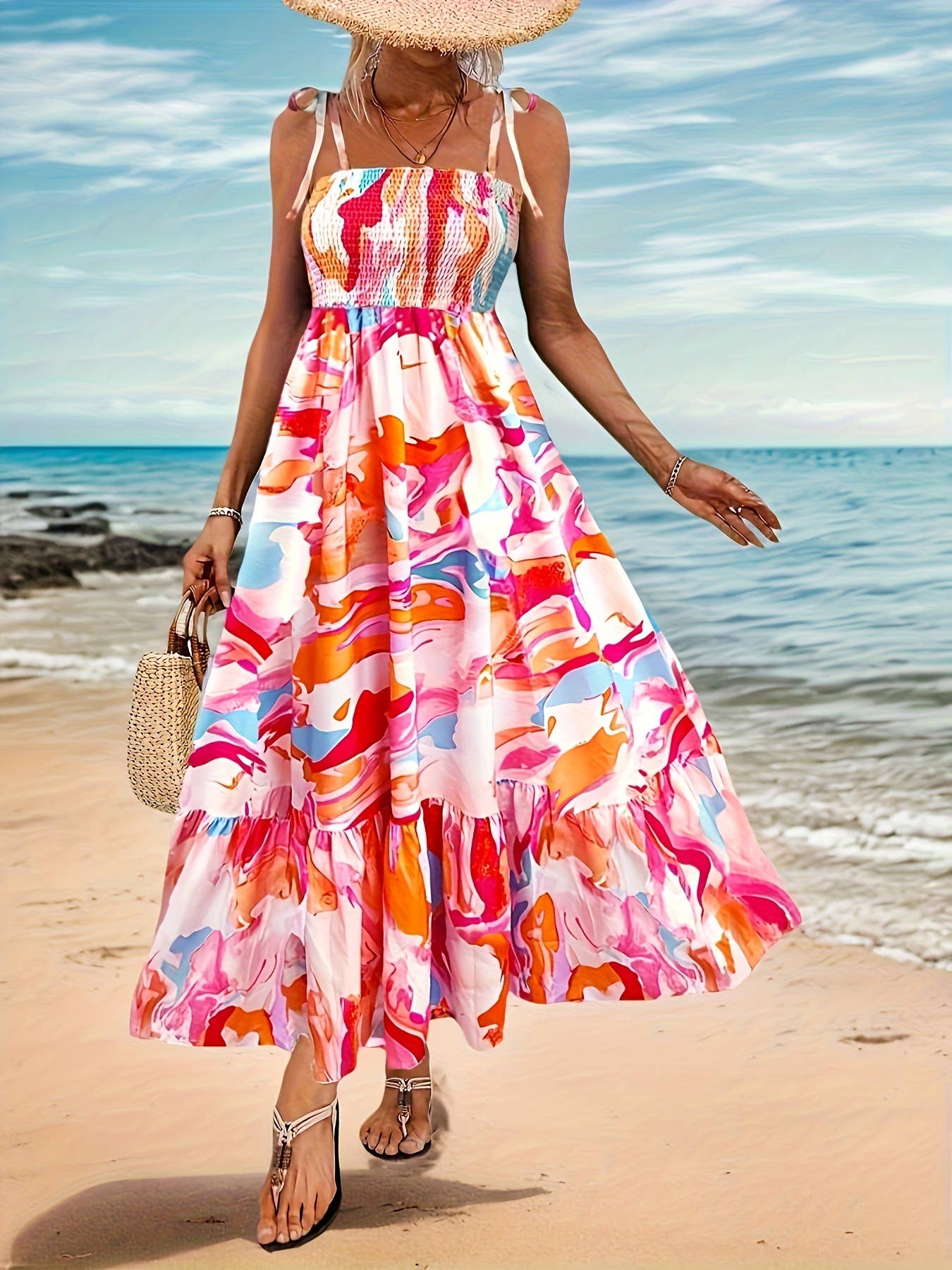 Printed halter backless vacation-style dress