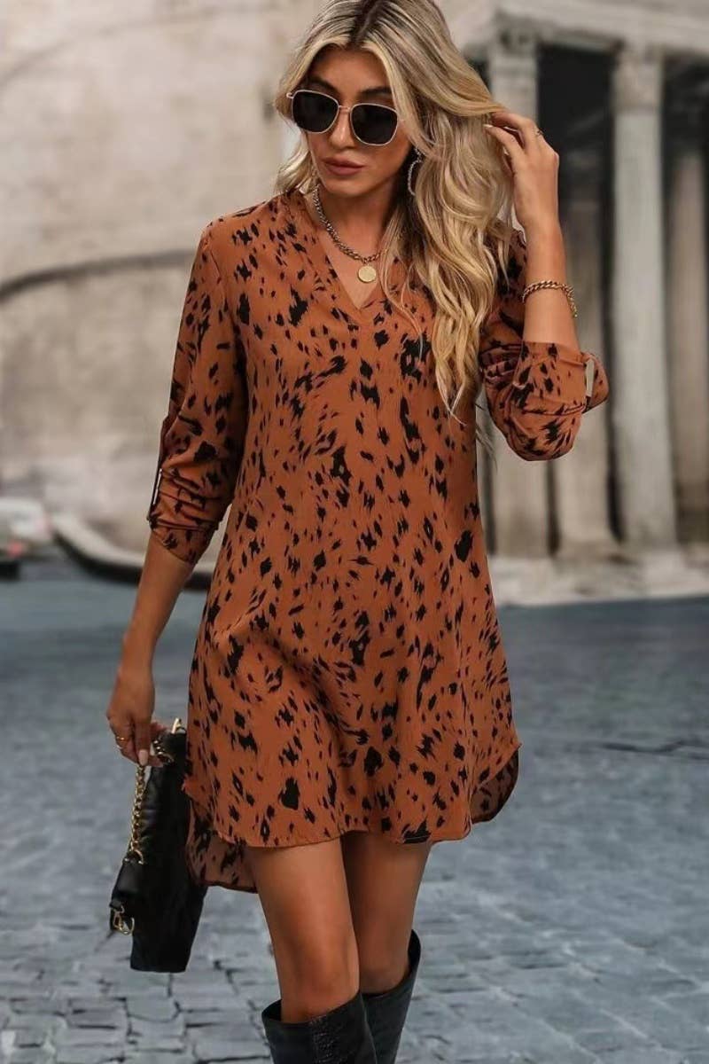 CWDSD3724_LONG SLEEVE V-NECK LEOPARD PRINT SHORT DRESS