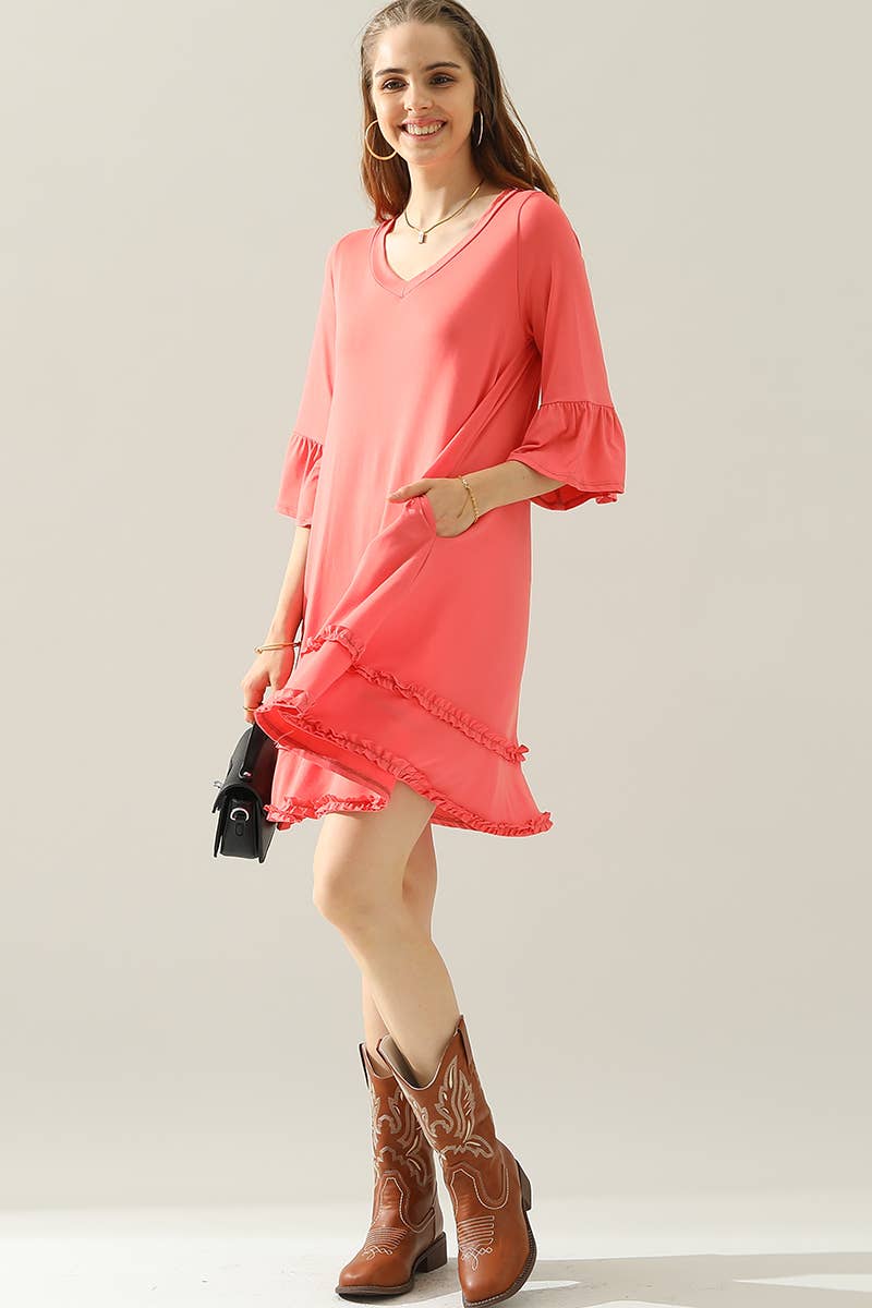 CWDSD10414_3/4 SLEEVE TIERED DRESS WITH SMALL RUFFLE DETAILS