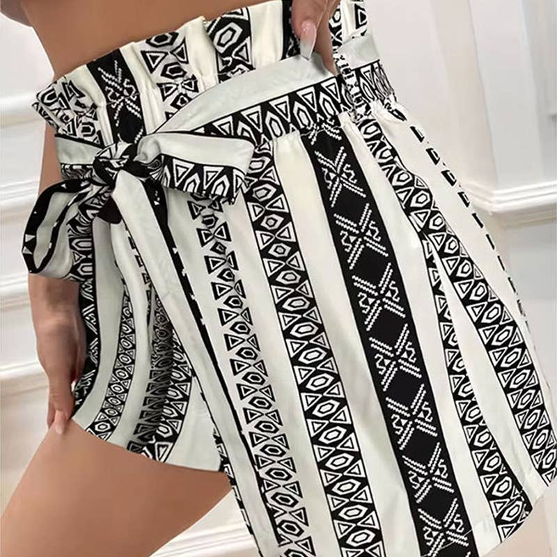 Printed High Waist Belted Slim Fit Casual Shorts