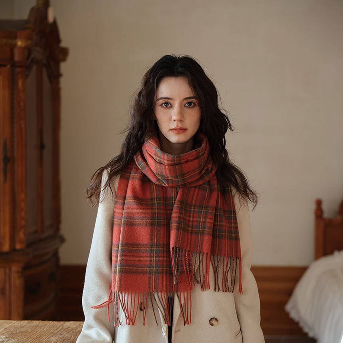 100% Wool Plaid Scarf Red Check Winter Warmth_CWASC2325