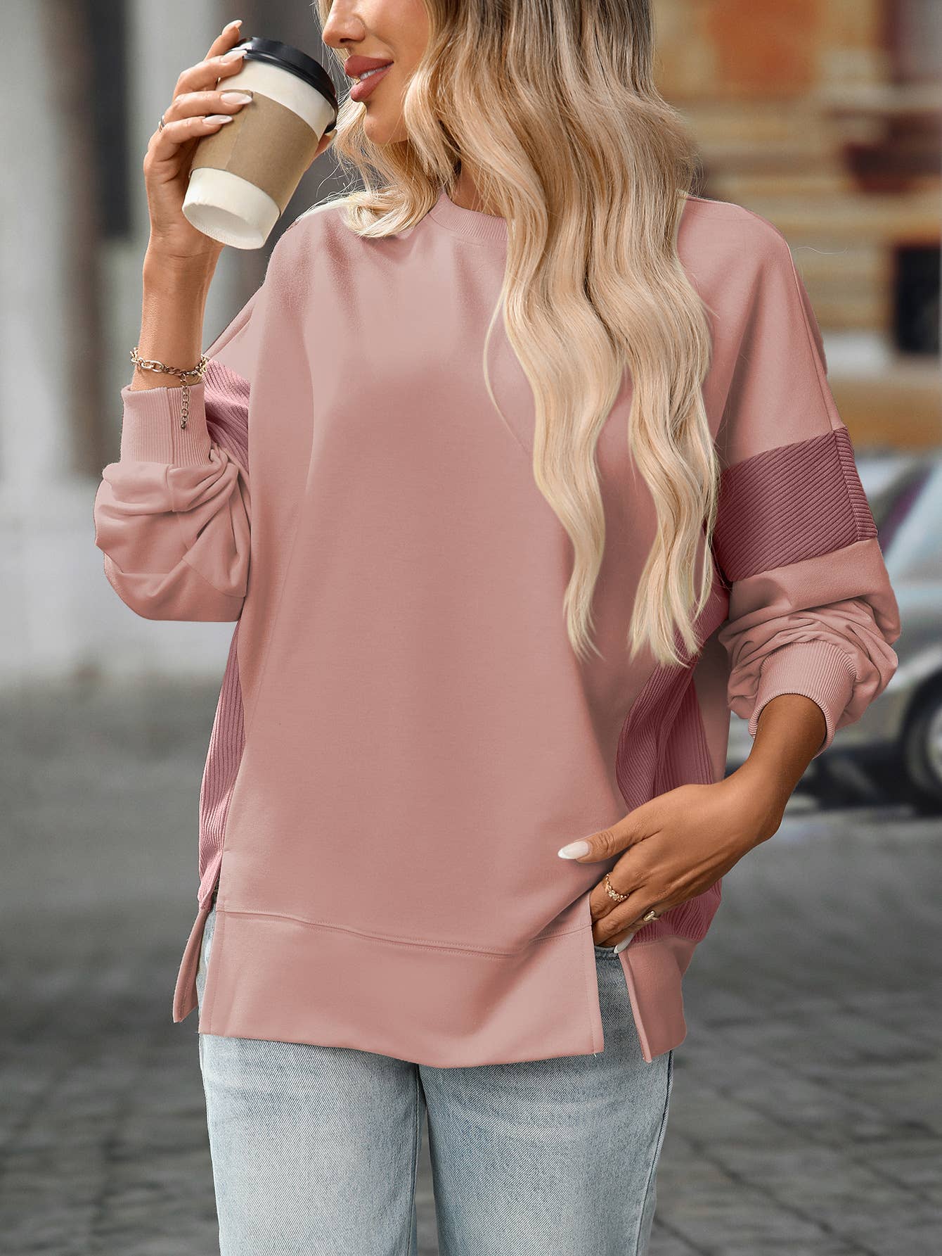 Round-neck,color-blocked,casual loose hoodie