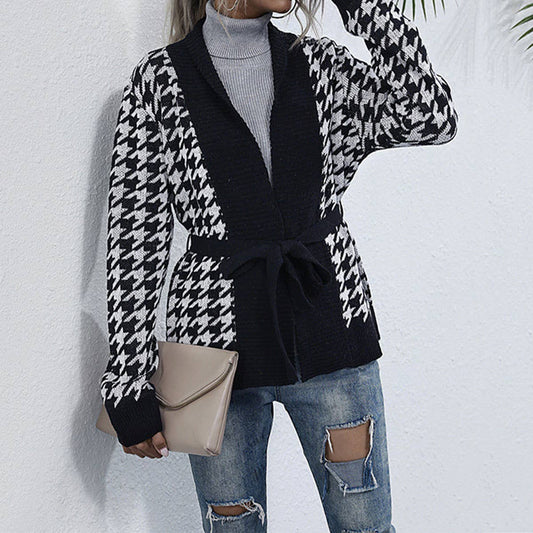V-NECK PLAID FASHION LACE-UP WAIST CARDIGAN